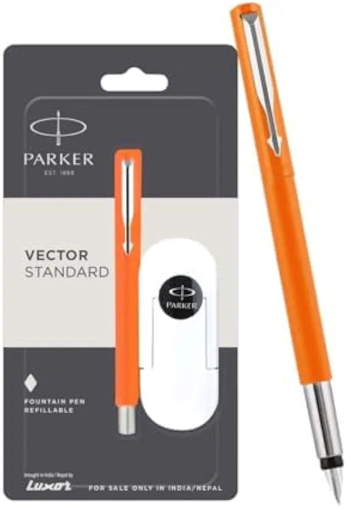 Parker Vector Standard Chrome Trim Fountain Pen (Fine Nib) | Orange Body Color With 3 Ink Cartridge | Gift For Leading Entrepresenurs | Leading Pen For Professionals