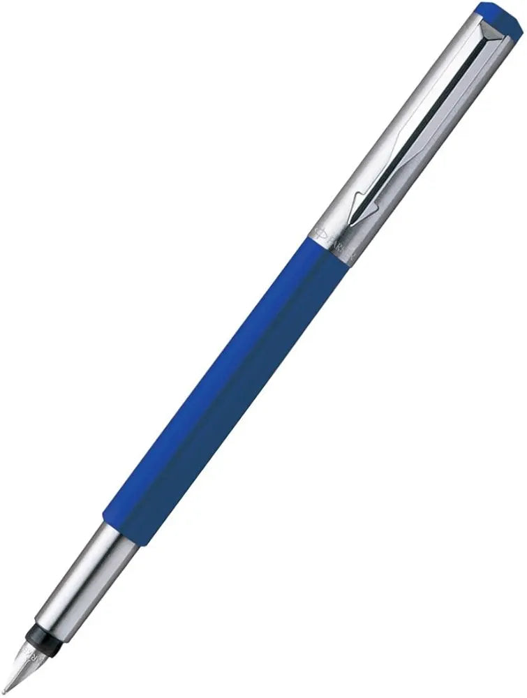 Parker Vector Metallix Chrome Trim Fountain Pen (Fine Nib) | Blue Body Color with Quink Ink Bottle | Novel Gifts for Professionals| Ideal for Corporate Use