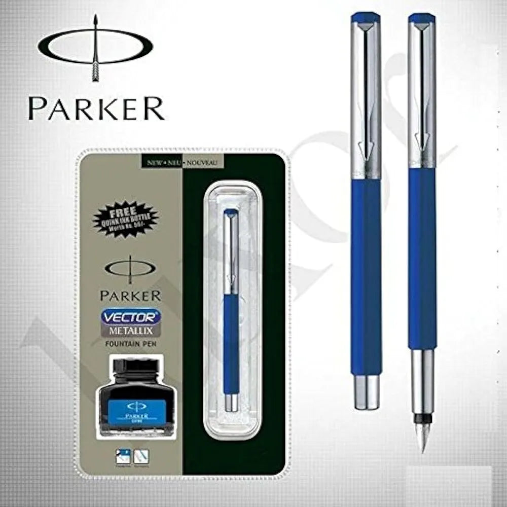 Parker Vector Metallix Chrome Trim Fountain Pen (Fine Nib) | Blue Body Color with Quink Ink Bottle | Novel Gifts for Professionals| Ideal for Corporate Use