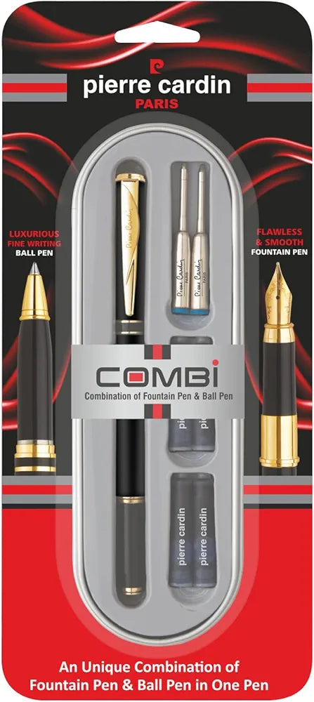 Pierre Cardin Premium Combi Pen | Combination of Ball Pen & Fountain Pen | Luxurious Fine Writing Ball Pen, Flawless & Smooth Fountain Pen | 2 x Mini Jumbo Refill & 4 x Cartridges Included | Pack Of 1