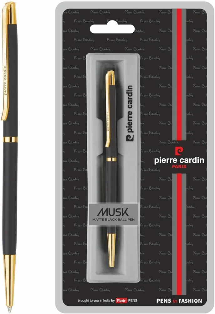 Pierre Cardin Musk Gold Premium Ball Pen With Twist Mechanism | Luxurious Matt Black Slim Body Design with Long Gold Finish Clip | Ideal for Rakhi, Festive & Corporate Gifting