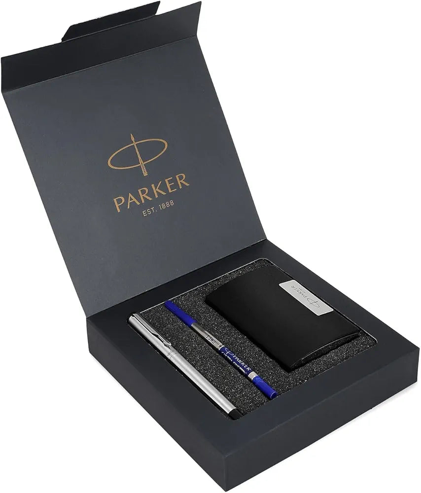 Parker Gift Set Vector Stainless Steel Chrome Trim Roller Ball Pen With Card Holder |1 Pen + 1 Card Holder| Gift Set | Gifts For Employees | Corporate Gift







