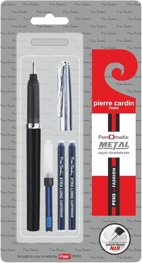 Pierre Cardin Penomatic Premium Fountain Pen | Luxurious Glossy Finish Body with Silver Finish Cap | Free Coverter & Cartridges | Ideal for Diwali, Festive & Corporate Gifting