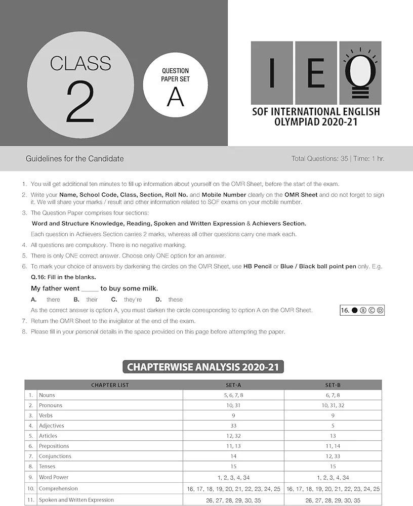 MTG IEO Class-2 Olympiad 10 Previous Years Papers (2023-2019 Set A & B) English with Mock Test Papers - Sample OMR Sheet with Chapterwise Analysis | SOF Olympiad Books For 2024-25 Exam