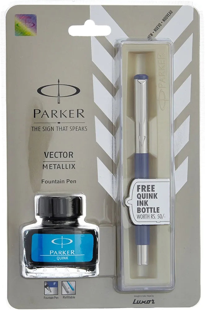 Parker Vector Metallix Chrome Trim Fountain Pen (Fine Nib) | Blue Body Color with Quink Ink Bottle | Novel Gifts for Professionals| Ideal for Corporate Use