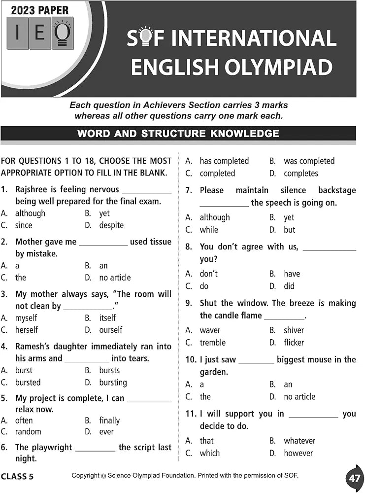 MTG International English Olympiad (IEO) Workbook for Class 5 - MCQs, Previous Years Solved Paper and Achievers Section - SOF Olympiad Preparation Books For 2024-2025 Exam