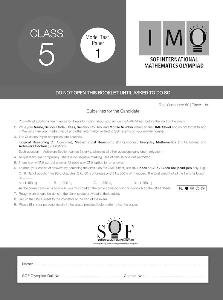 MTG IMO Class-5 Olympiad 10 Previous Years Papers (2023-2019 Set A & B) Mathematics with Mock Test Papers - Sample OMR Sheet with Chapterwise Analysis | SOF Olympiad Books For 2024-25 Exam