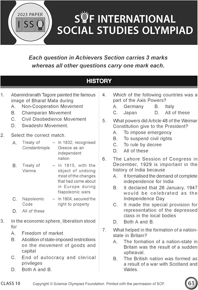 MTG International Social Studies Olympiad (ISSO) Workbook for Class 10 - Chapterwise MCQs, Previous Years Solved Paper & Achievers Section - ISSO Olympiad Books For 2024-2025 Exam