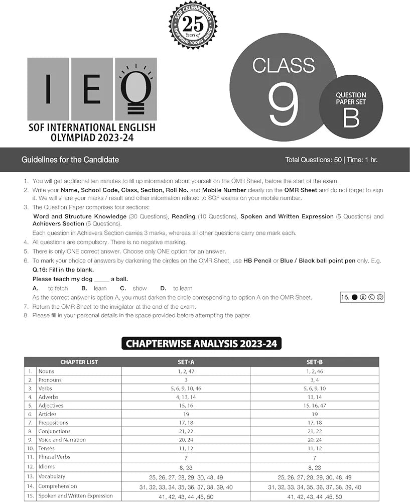 MTG IEO Class-9 Olympiad 10 Previous Years Papers (2023-2019 Set A & B) English with Mock Test Papers - Sample OMR Sheet with Chapterwise Analysis | SOF Olympiad Books For 2024-25 Exam