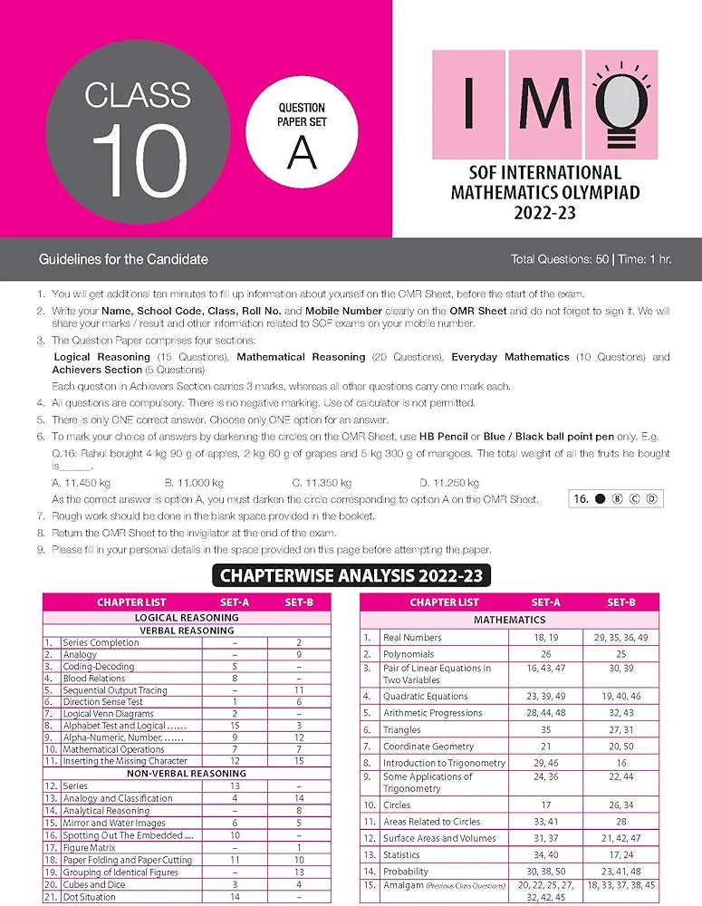 MTG Mathematics (IMO) Olympiad Previous Years Papers with Mock Test Papers Class 10 - Sample OMR Sheet with Chapterwise Analysis | SOF Olympiad Books For 2023-24 Exam MTG Editorial Board