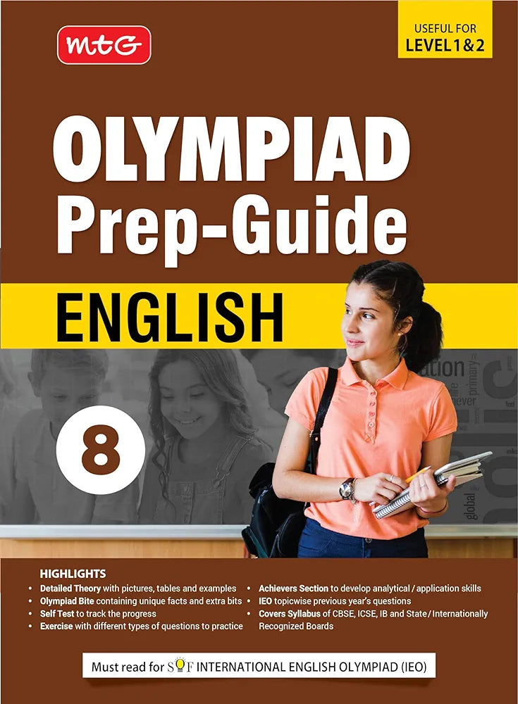MTG Olympiad Prep-Guide Class 8 English (IEO) - Detailed Theory, Self Test with IEO Topicwise Previous Year Question Paper For SOF 2024-25 Exam