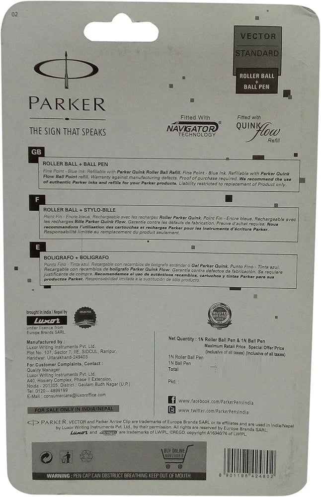 Parker Vector Standard Roller Ball Pen and Ball Pen - Pack of 2