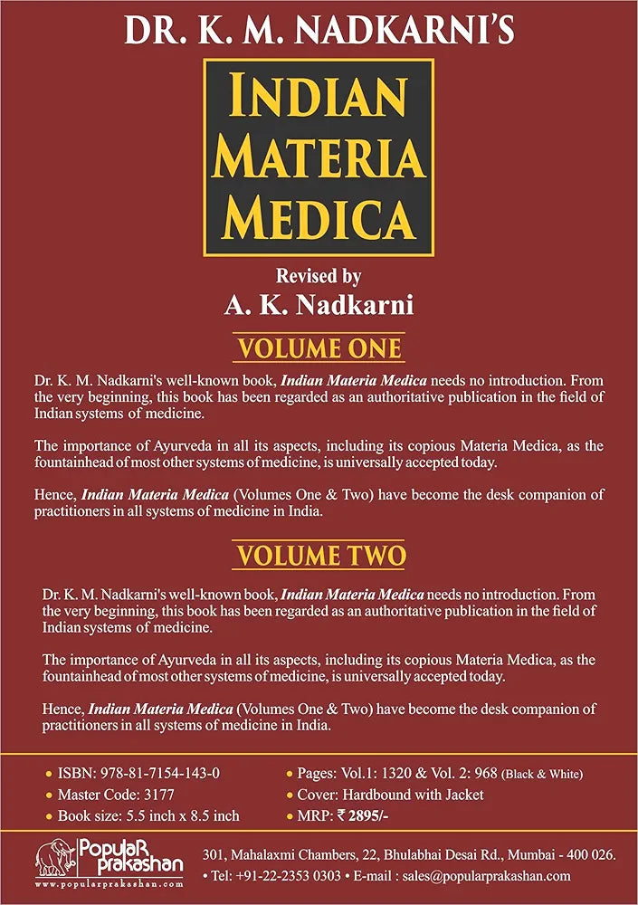 Indian Materia Medica (Set Of 2 Vols. ) Hardcover A.K.Nadkarni