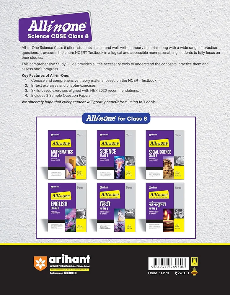 Arihant All In Science Class 8 Based On Latest NCERT For CBSE Exams 2025 | Mind map in each chapter | Clear & Concise Theory | Intext & Chapter Exercises | Sample Question Papers