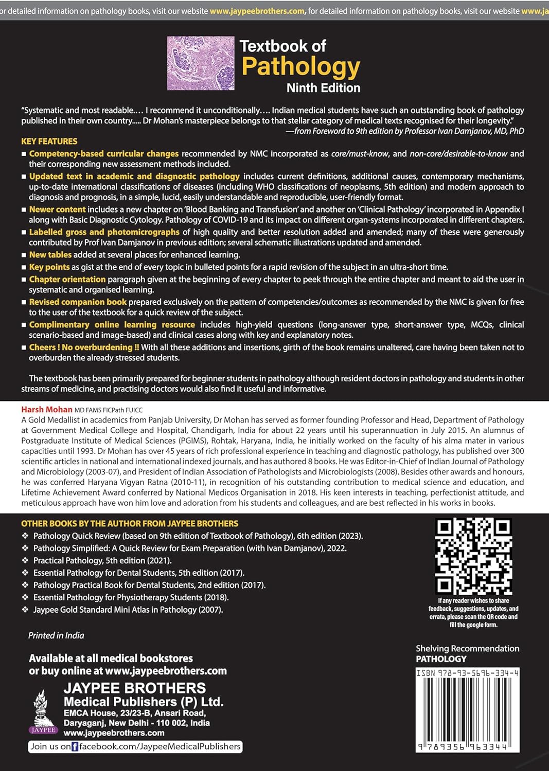 TEXTBOOK OF PATHOLOGY (FREE PATHOLOGY QUICK REVIEW) by Harsh Mohan 9th edition hardcover