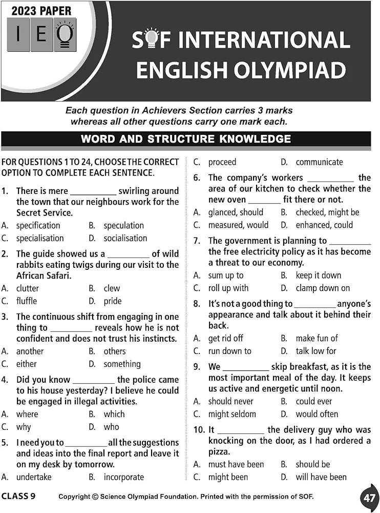 MTG International English Olympiad (IEO) Workbook for Class 9 - MCQs, Previous Years Solved Paper and Achievers Section - SOF Olympiad Preparation Books For 2024-2025 Exam