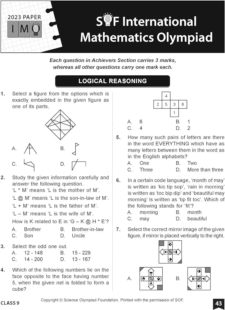 MTG International Mathematics Olympiad (IMO) Workbook for Class 9 - MCQs, Previous Years Solved Paper and Achievers Section - SOF Olympiad Preparation Books For 2024-2025 Exam
