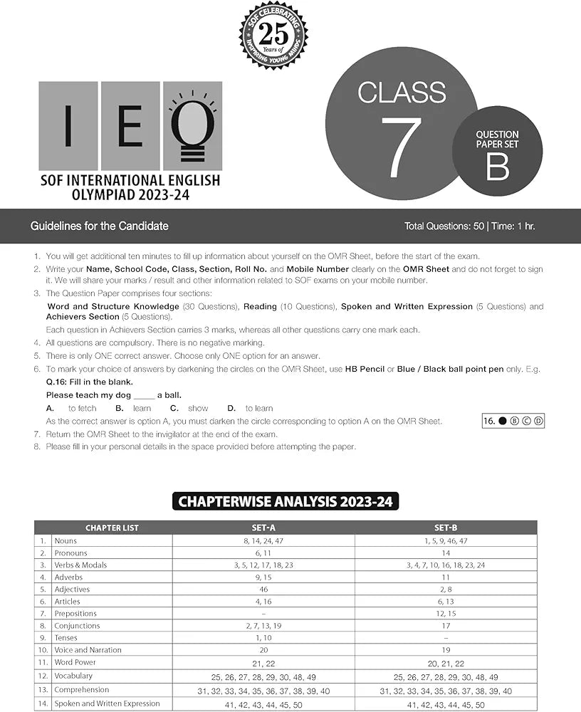 MTG IEO Class-7 Olympiad 10 Previous Years Papers (2023-2019 Set A & B) English with Mock Test Papers - Sample OMR Sheet with Chapterwise Analysis | SOF Olympiad Books For 2024-25 Exam