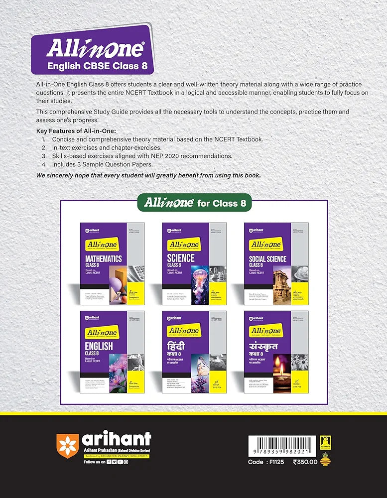 Arihant All In One English Class 8th Based On Latest NCERT For CBSE Exams 2025 | Mind map | All type of Questions, MCQs, Extract Based, VSA, SA & LA