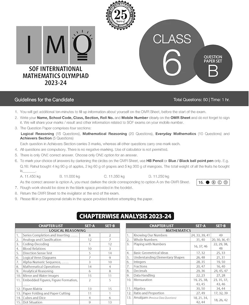 MTG IMO Class-6 Olympiad 10 Previous Years Papers (2023-2019 Set A & B) Mathematics with Mock Test Papers - Sample OMR Sheet with Chapterwise Analysis | SOF Olympiad Books For 2024-25 Exam