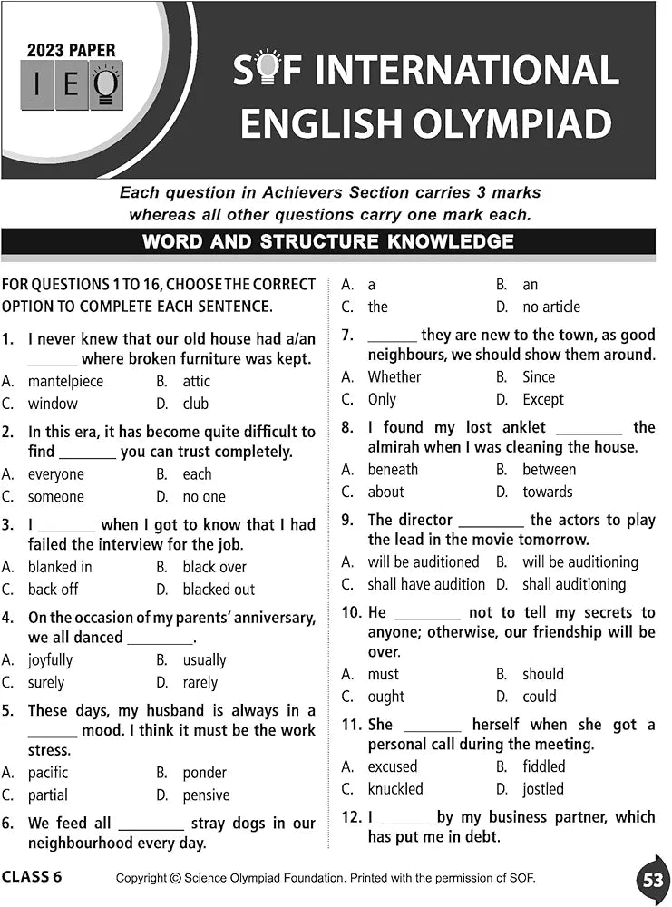 MTG International English Olympiad (IEO) Workbook for Class 6 - MCQs, Previous Years Solved Paper and Achievers Section - SOF Olympiad Preparation Books For 2024-2025 Exam