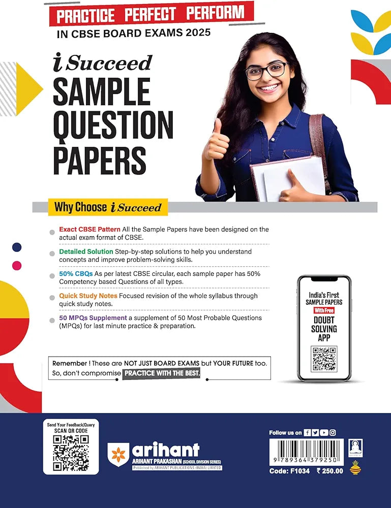 Arihant i Succeed 15 Sample Question Papers for Mathematics (Standard) Class 10th | As per latest CBSE Sample Paper issued on 5 Sept. 2024 | 50% CBQs in each paper | Detailed Answers with Step Marking | Fully Solved Latest CBSE Sample Paper For Exam 2025