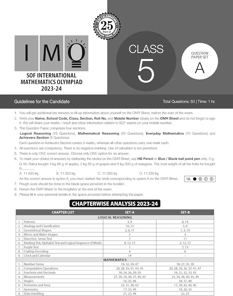 MTG IMO Class-5 Olympiad 10 Previous Years Papers (2023-2019 Set A & B) Mathematics with Mock Test Papers - Sample OMR Sheet with Chapterwise Analysis | SOF Olympiad Books For 2024-25 Exam