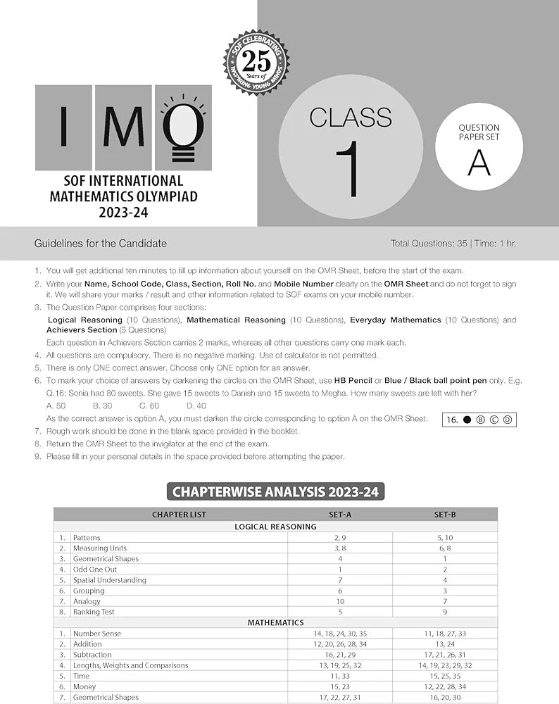 MTG IMO Class-1 Olympiad 10 Previous Years Papers (2023-2019 Set A & B) Mathematics with Mock Test Papers - Sample OMR Sheet with Chapterwise Analysis | SOF Olympiad Books For 2024-25 Exam