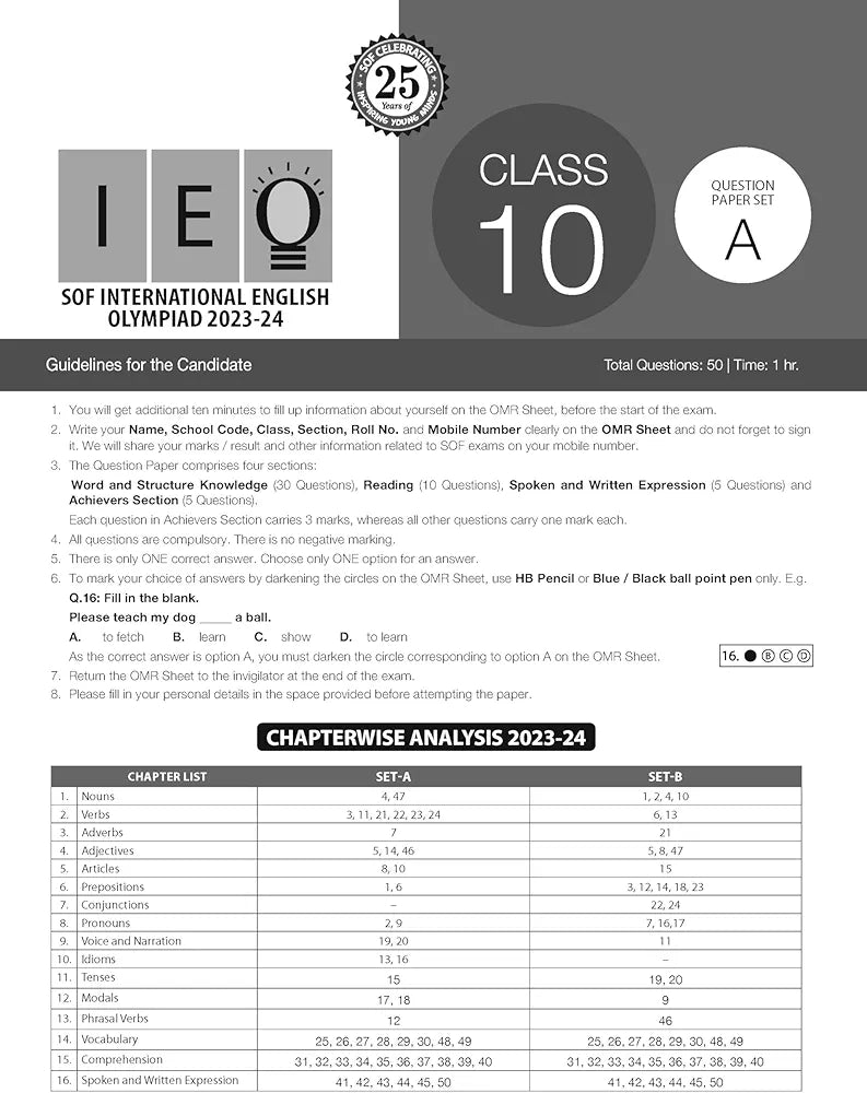 MTG IEO Class-10 Olympiad 10 Previous Years Papers (2023-2019 Set A & B) English with Mock Test Papers - Sample OMR Sheet with Chapterwise Analysis | SOF Olympiad Books For 2024-25 Exam