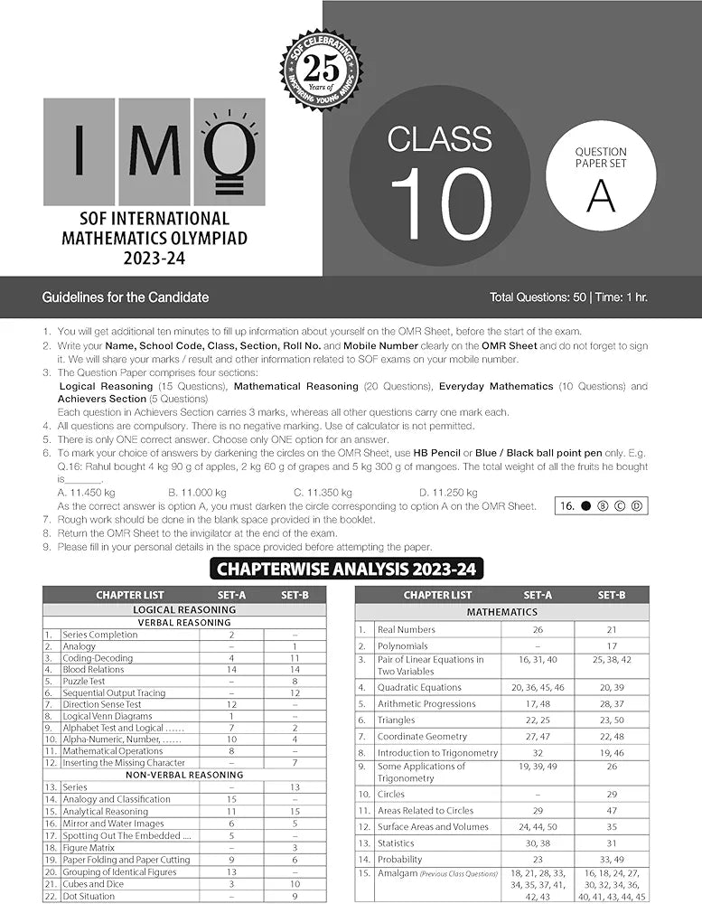 MTG IMO Class-10 Olympiad 10 Previous Years Papers (2023-2019 Set A & B) Mathematics with Mock Test Papers - Sample OMR Sheet with Chapterwise Analysis | SOF Olympiad Books For 2024-25 Exam