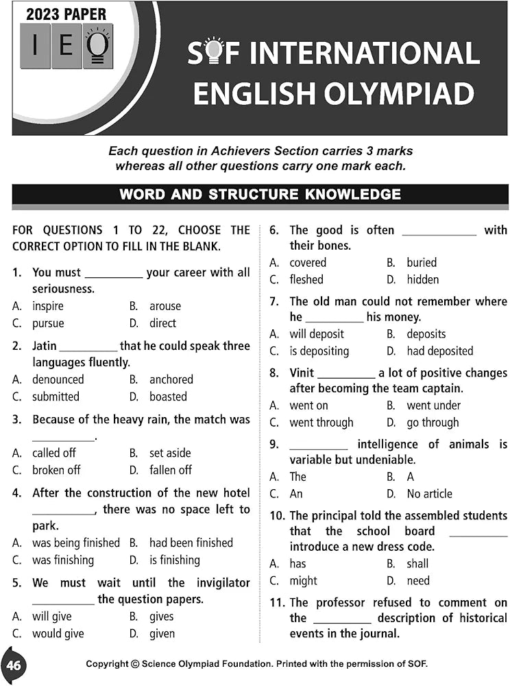 MTG International English Olympiad (IEO) Workbook for Class 8 - MCQs, Previous Years Solved Paper and Achievers Section - SOF Olympiad Preparation Books For 2024-2025 Exam