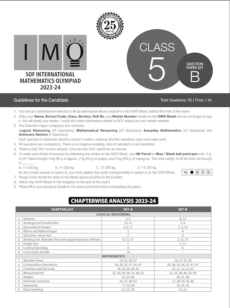 MTG IMO Class-5 Olympiad 10 Previous Years Papers (2023-2019 Set A & B) Mathematics with Mock Test Papers - Sample OMR Sheet with Chapterwise Analysis | SOF Olympiad Books For 2024-25 Exam