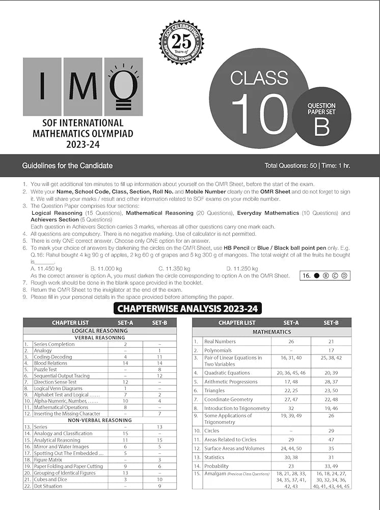 MTG IMO Class-10 Olympiad 10 Previous Years Papers (2023-2019 Set A & B) Mathematics with Mock Test Papers - Sample OMR Sheet with Chapterwise Analysis | SOF Olympiad Books For 2024-25 Exam