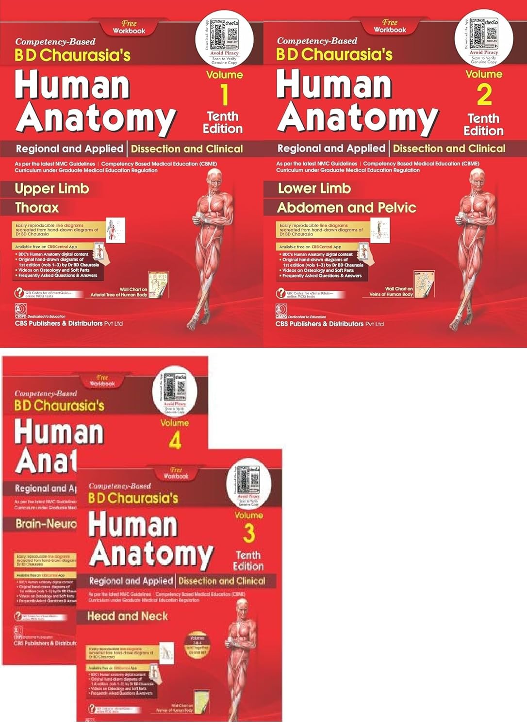 BD Chaurasia's Human Antomy-Vol 1 + 2 + 3 + 4 - Set of 4 Books-10th/Ed. 2025- with Free Workbooks + QR Code for Online Material - For 2024-25