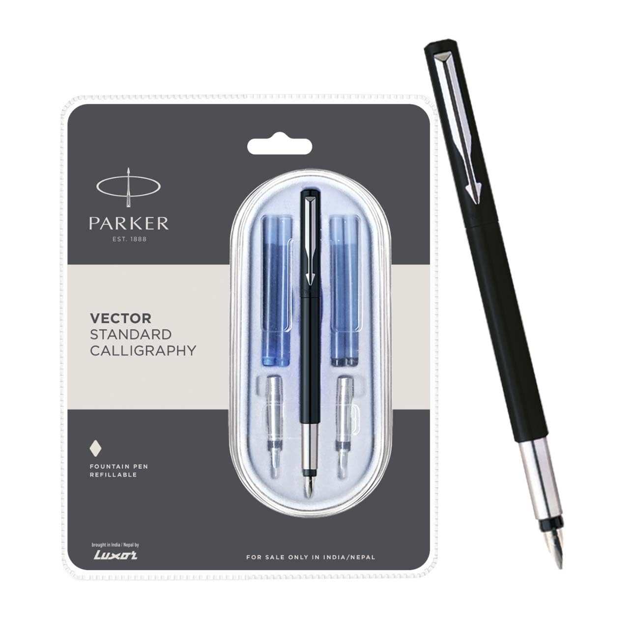 Parker Vector Standard Chrome Trim Calligraphy Fountain Pen| Black Body Color With 4 Ink Cartridges (2 Blue + 2 Black)