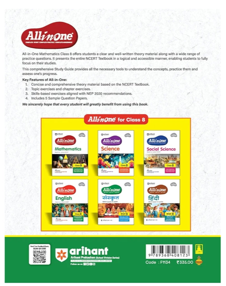 Arihant All in One Mathematics for Class 8 |2025-26  As per Recommendations of NEP 2020 | Based on the latest NCERT I Mind Maps & Competency-Based Questions | Complete Study, Complete Practice, Complete Assessment