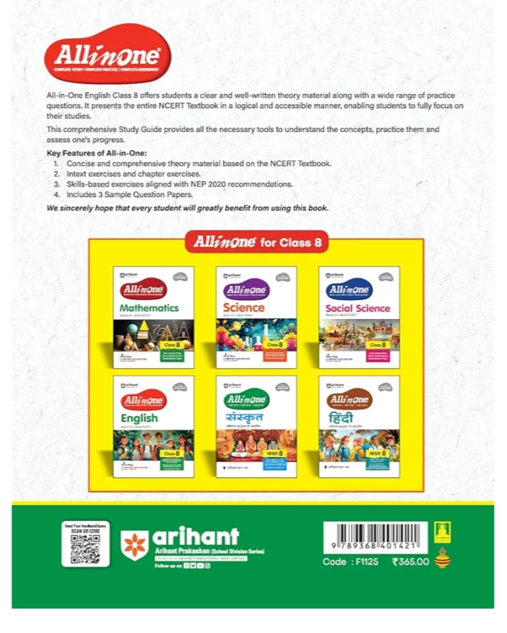 Arihant All in One English for Class 8 |2025-26  As per Recommendations of NEP 2020 | Based on the latest NCERT I Mind Map in Each Chapter and Competency-Based Questions | Complete Study, Complete Practice, Complete Assessment