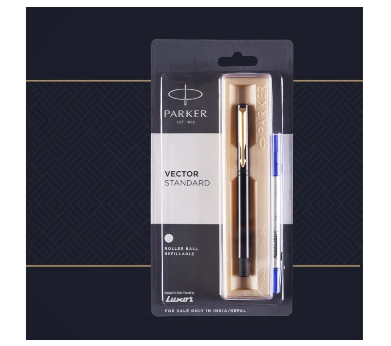 Parker Vector Standard Gold Trim Roller Ball Pen| Black Body Color | Ink Color - Blue | Novel Gifts For Professionals | Premium Pens For Personal & Professional Use