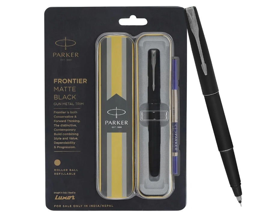 Parker frontier matte black fountain pen refillable in blue