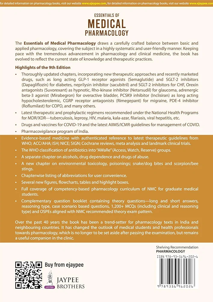 KD Tripathi ESSENTIALS OF MEDICAL PHARMACOLOGY COMPLIMENTARY BOOK INCLUDED 9/E, Revised Reprint 2026 Edition KD Tripathi