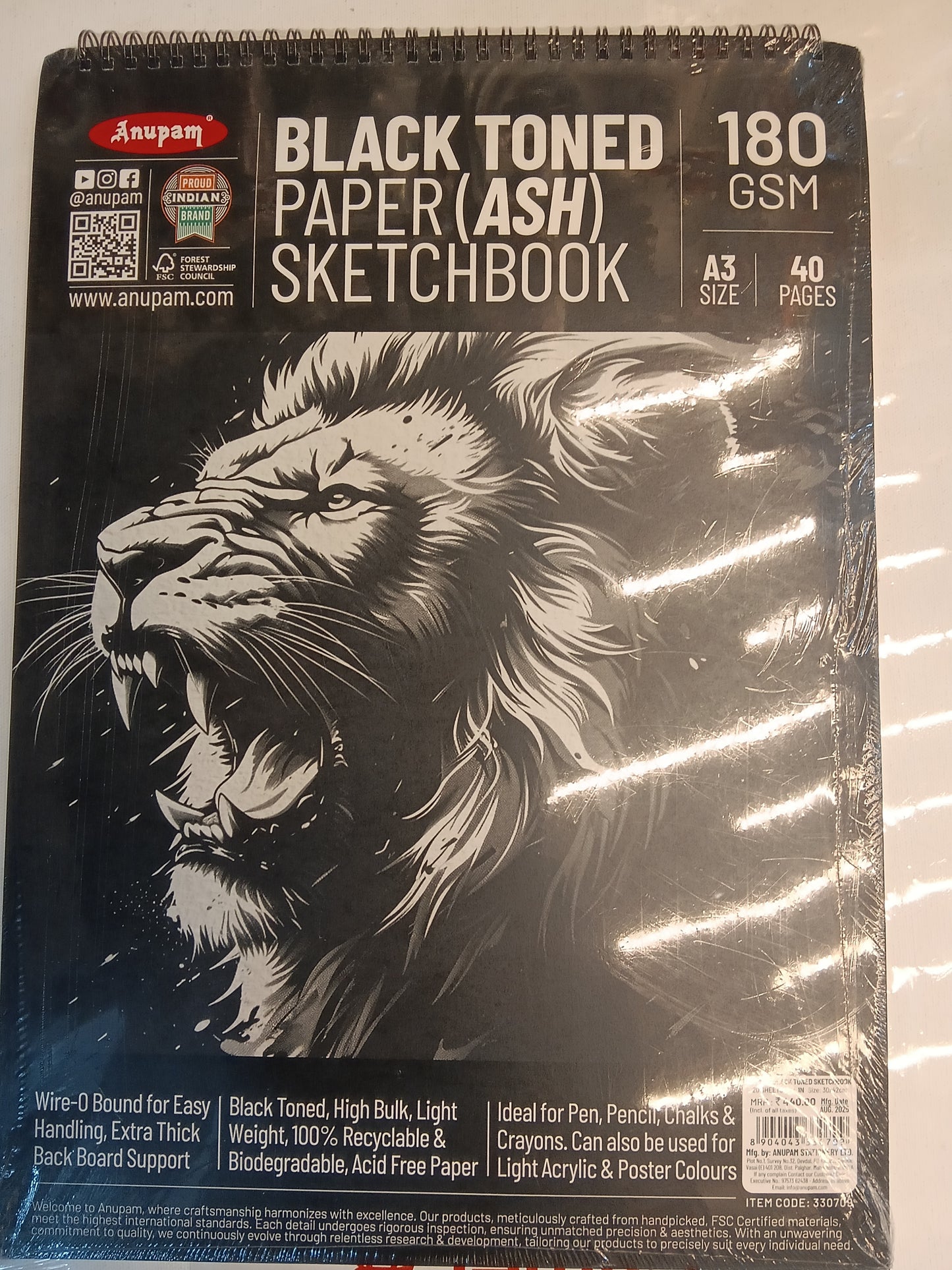 Anupam Black Toned papar (ash) sketch book A3 SIZE 40sheet 180Gsm