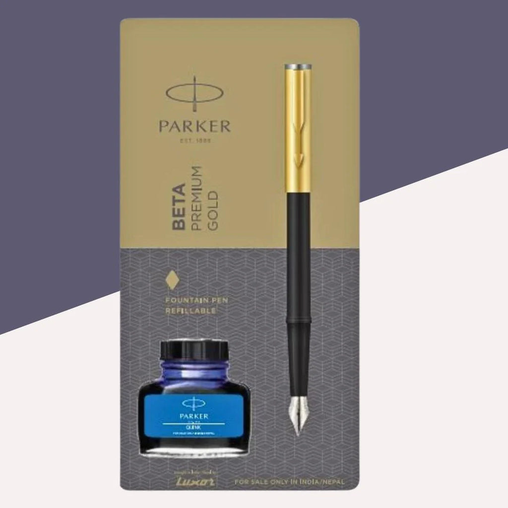 Parker  Parker Beta Premium Gold Fountain Pen with Blue Ink Bottle ( Pack of 1)