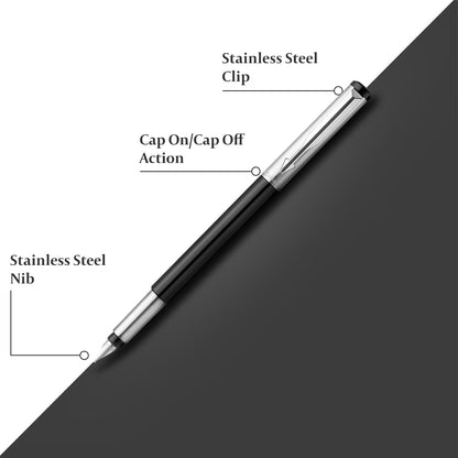 Parker Vector Mettalix Chrome Trim Fountain Pen with Quink Ink Bottle - Blue | Refillable Fountain Pen for Professionals, Students | Ergonomically crafted for comfortable, fatigue-free writing