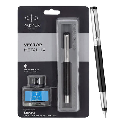 Parker Vector Mettalix Chrome Trim Fountain Pen with Quink Ink Bottle - Blue | Refillable Fountain Pen for Professionals, Students | Ergonomically crafted for comfortable, fatigue-free writing