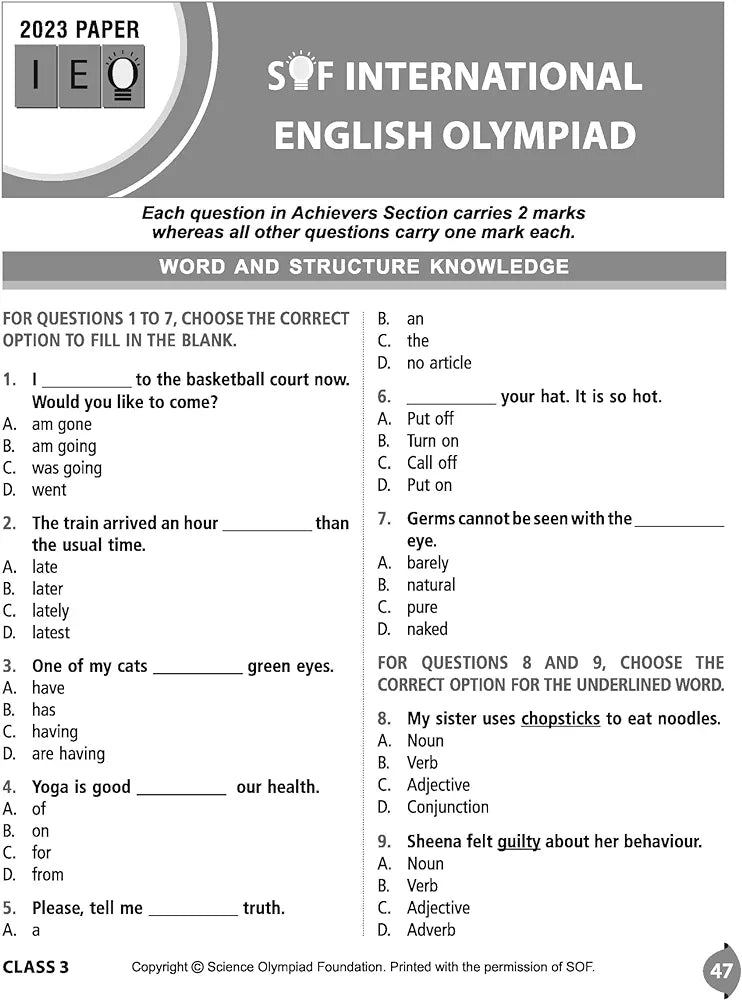 MTG International English Olympiad (IEO) Workbook for Class 3 - MCQs, Previous Years Solved Paper and Achievers Section - SOF Olympiad Preparation Books For 2024-2025 Exam