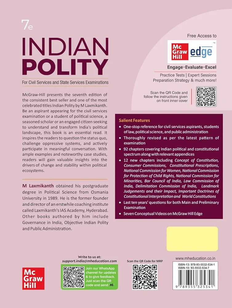 Indian Polity (English) by M Laxmikanth for UPSC CSE 2025 | 7th edition (latest) | Civil Services Exam - Prelims, Mains and Interview | State PSCs exams/ PCS exams | Exclusive access to McGraw Hill edge online platform: Practice tests, Expert sessions, Pr