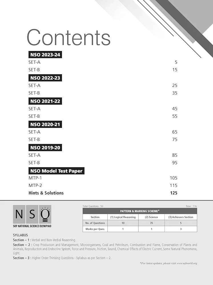 MTG NSO Class-8 Olympiad 10 Previous Years Papers (2023-2019 Set A & B) Science with Mock Test Papers - Sample OMR Sheet with Chapterwise Analysis | SOF Olympiad Books For 2024-25 Exam