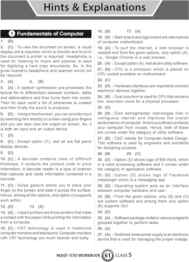 MTG International Computer Science Olympiad (ICSO) Workbook for Class 5 - Quick Recap, MCQs, Previous Years Solved Paper and Achievers Section - SOF ICSO Olympiad Preparation Books For 2024-2025 Exam