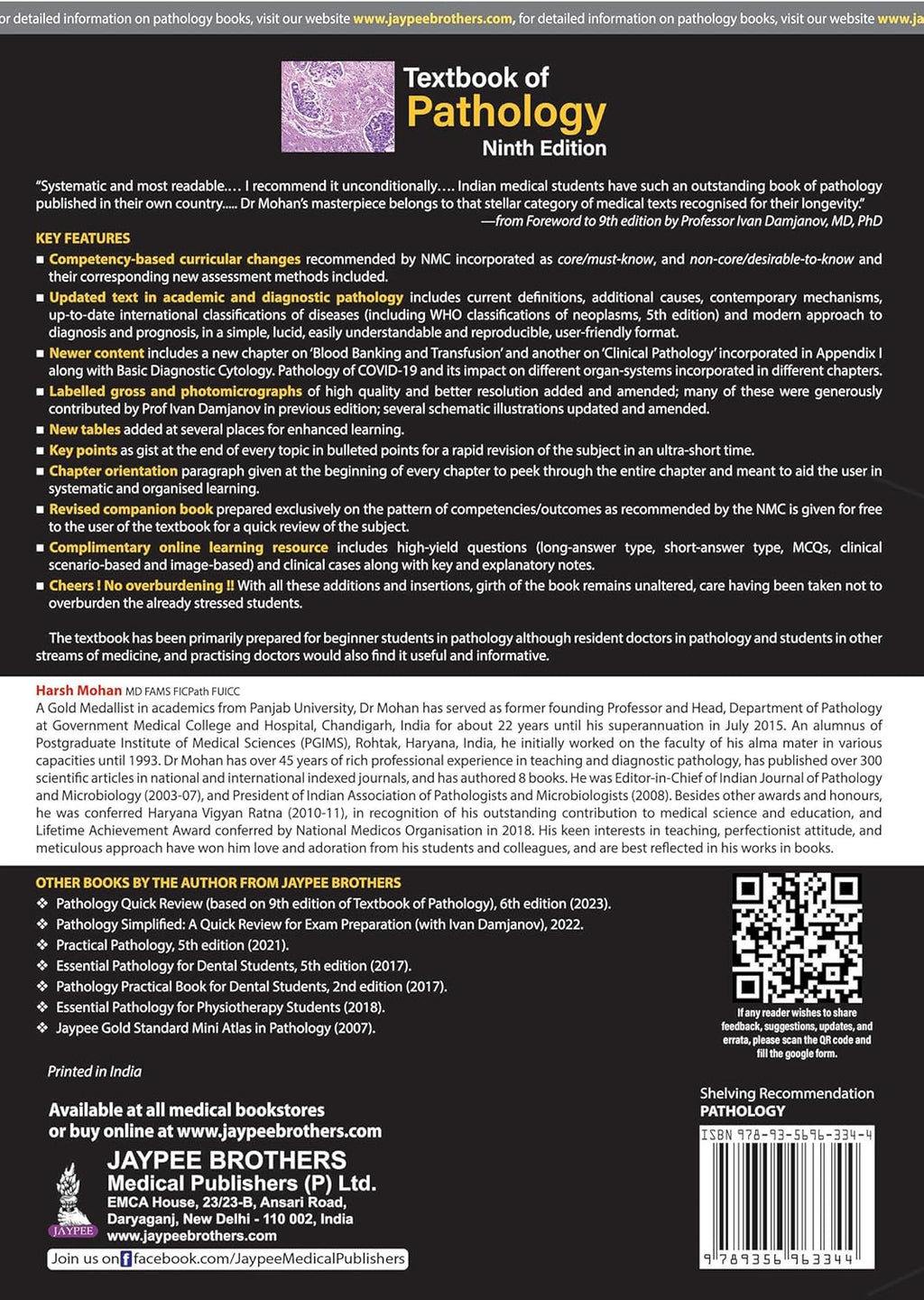 TEXTBOOK OF PATHOLOGY (FREE PATHOLOGY QUICK REVIEW) by Harsh Mohan 9th edition hardcover