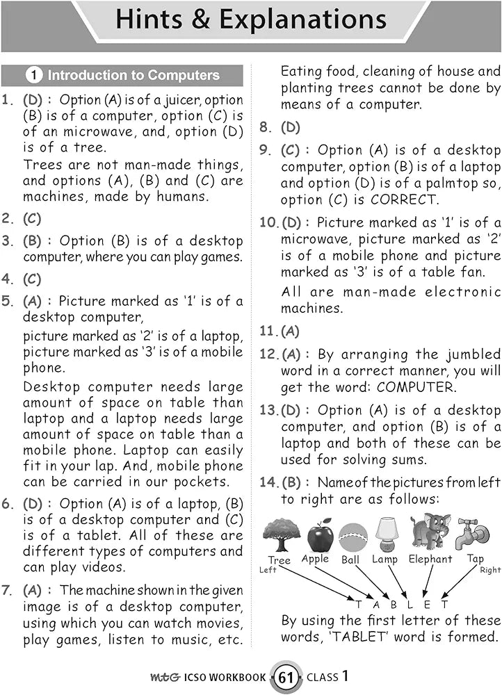 MTG International Computer Science Olympiad (ICSO) Workbook for Class 1 - Quick Recap, MCQs, Previous Years Solved Paper and Achievers Section - SOF ICSO Olympiad Preparation Books For 2024-2025 Exam